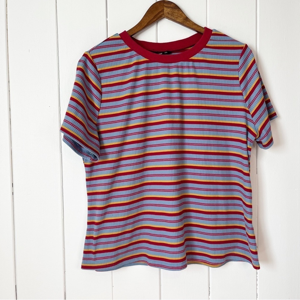 Shien Curve Blue, Red and Yellow Striped T-Shirt. Very Stretchy. Size 1X.